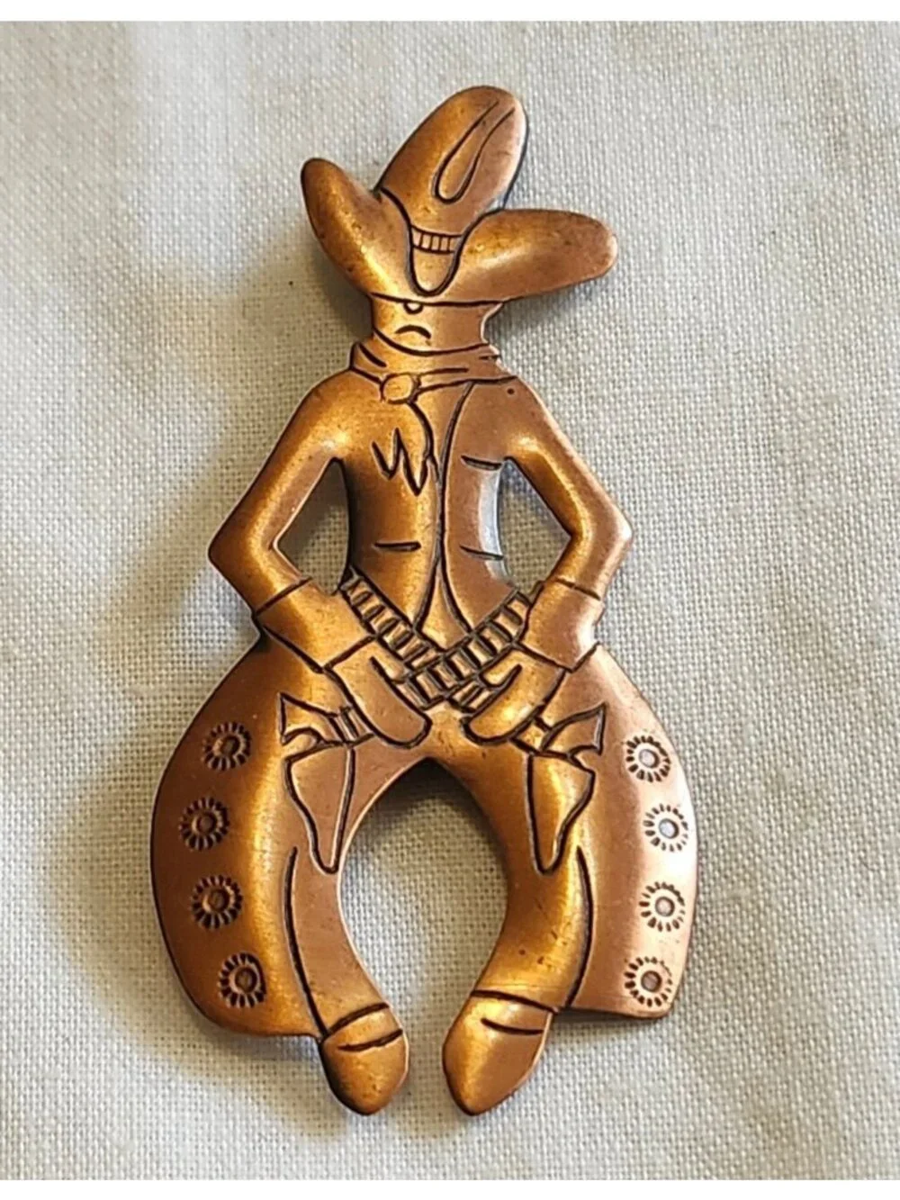 Vintage Bell Trading Post Solid Copper Cowboy Pin Brooch Whimsical Western Desig